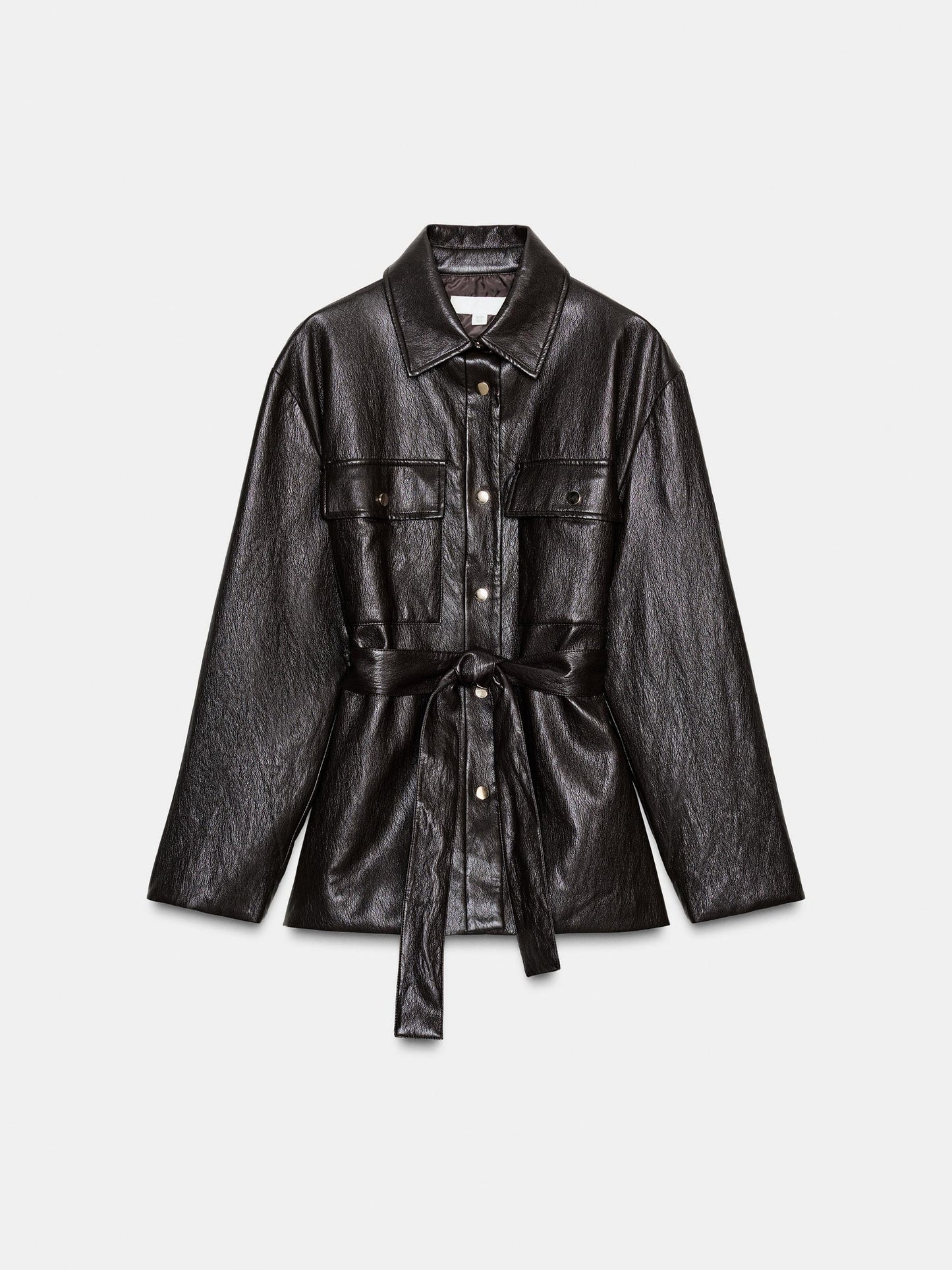 Long Faux Leather Jacket With Belt