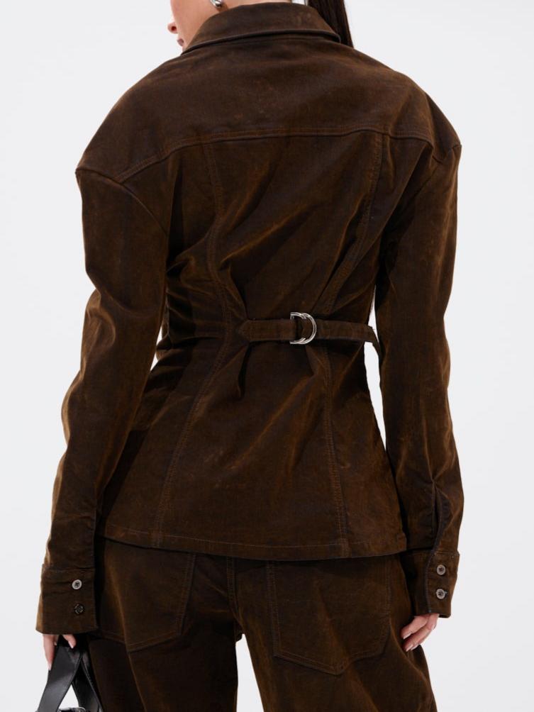 Retro Brown Velvet & Denim Patchwork Co-ord Set - Wide-Leg Cropped Pants & Tailored Jacket