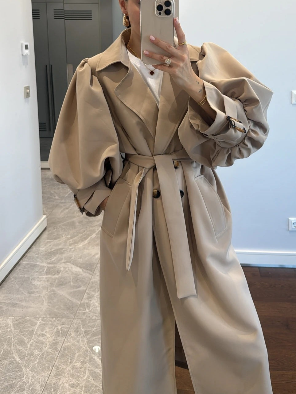Belted Trench Coat With Sleeve Detailed