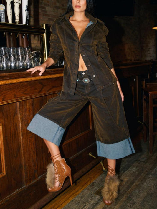 Retro Brown Velvet & Denim Patchwork Co-ord Set - Wide-Leg Cropped Pants & Tailored Jacket