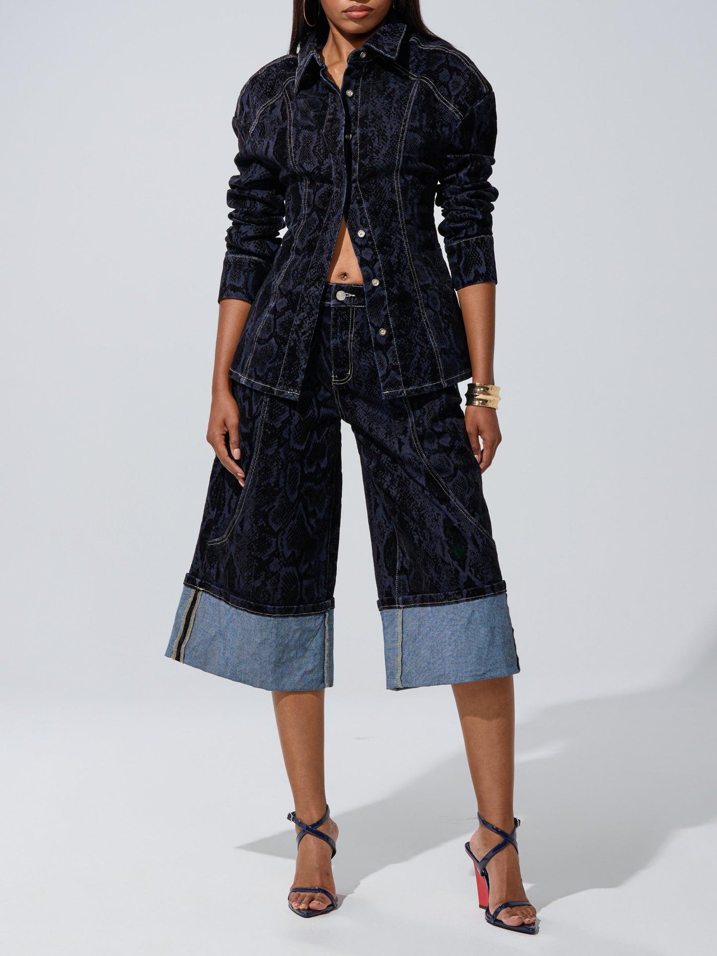 Navy Snake-Print Denim Co-ord Set