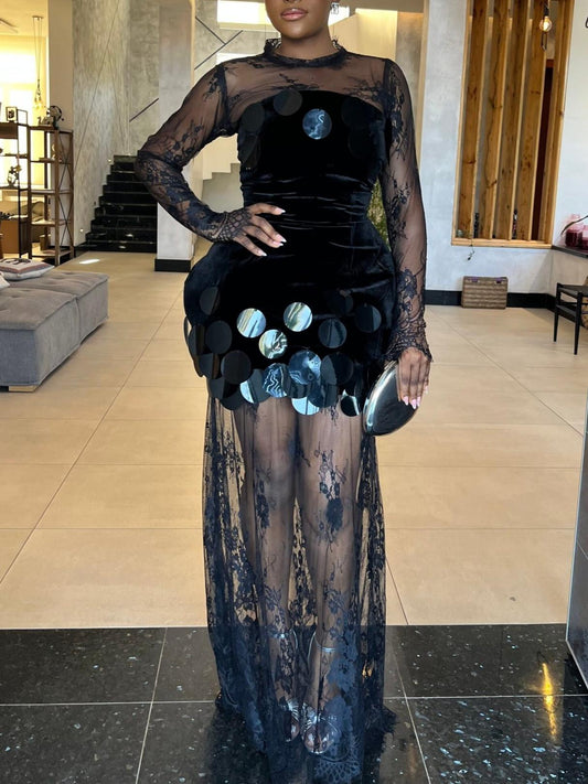 Black Velvet Mini Dress with Mirror Discs - Sheer Lace Long Sleeve Overlay Evening Party Two-Piece Set