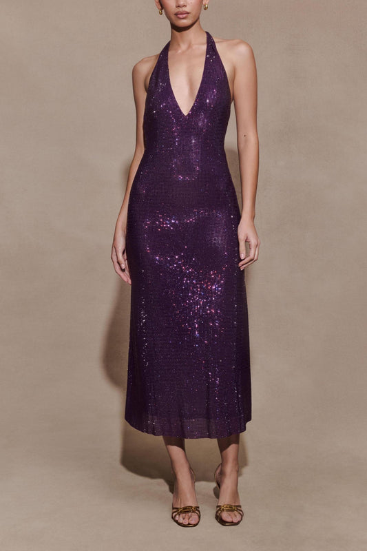 Sparkly Grape Rhinestone Halter Midi Dress