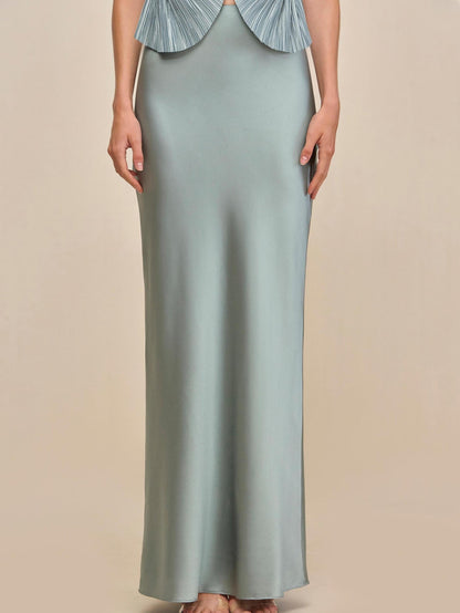 Elegant Celadon Ensemble: Sleeveless Fringe Top Paired with Flowing Satin Skirt