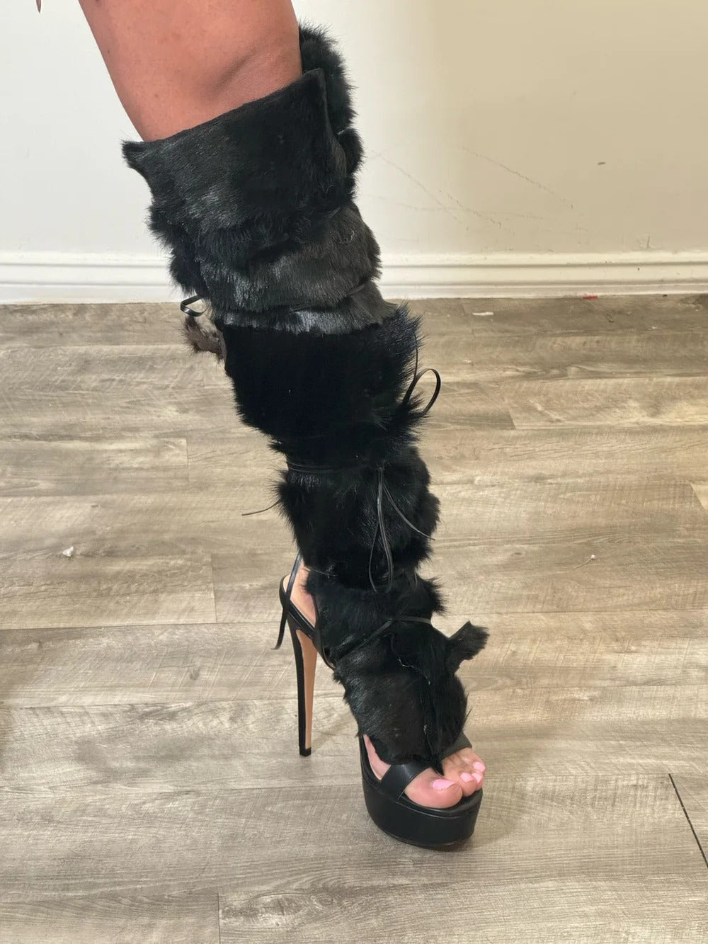Black Fur Sandal Wrap Shoe