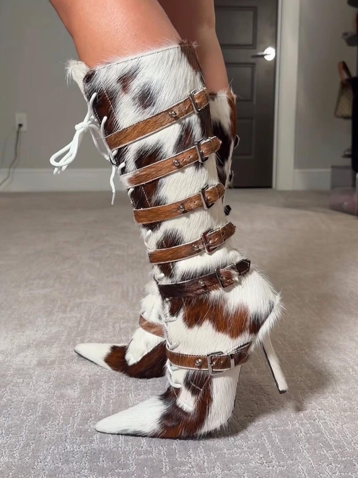 Cow Print Horsehair Knee-High Boots