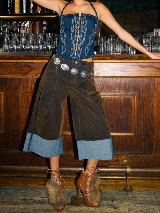 Retro Brown Velvet & Denim Patchwork Co-ord Set - Wide-Leg Cropped Pants & Tailored Jacket