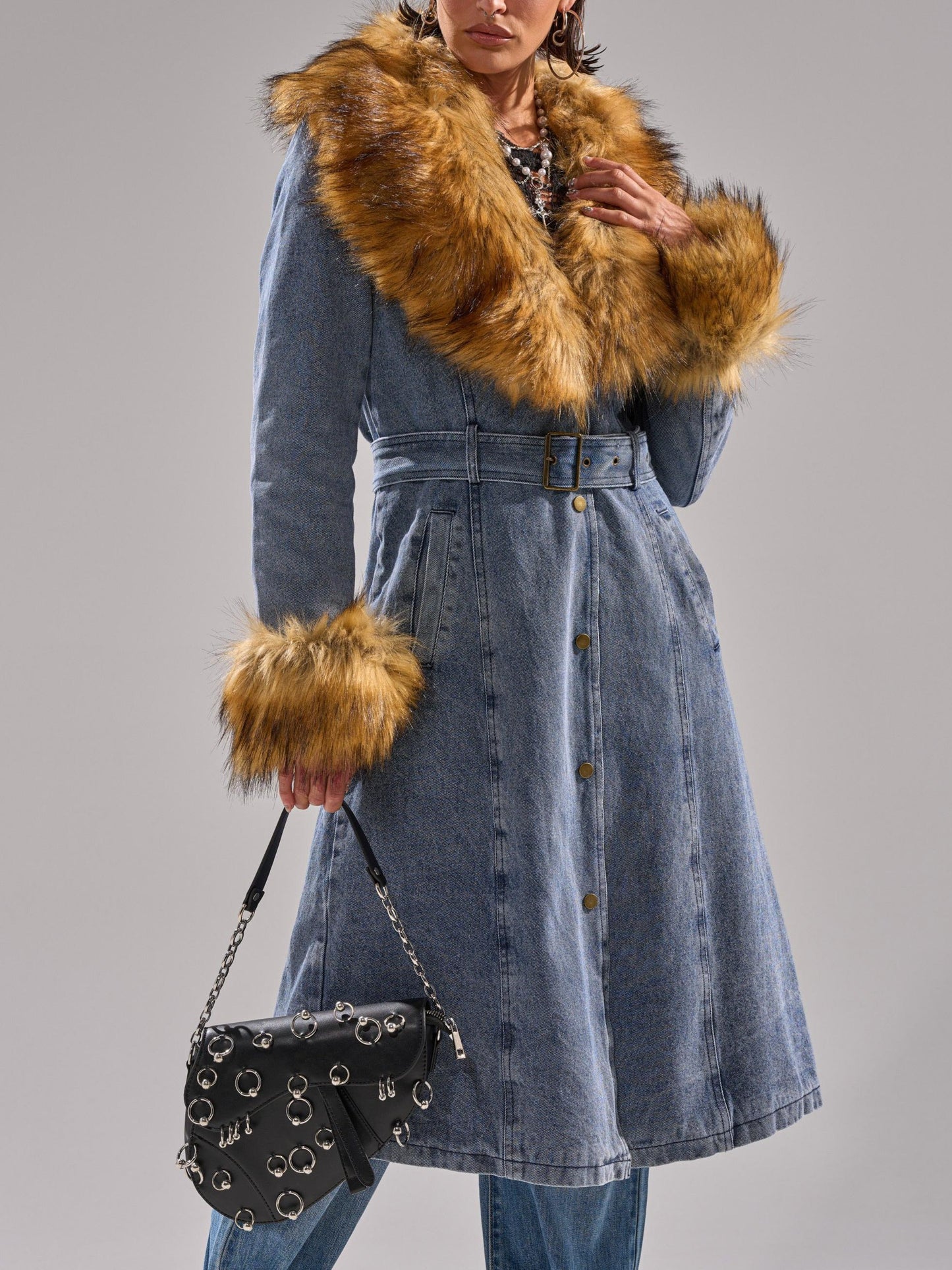 Faux Fur Trim Denim Trench Coat