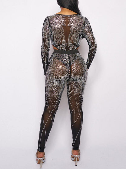 Silver Rhinestone Sheer Mesh Long Sleeve Bodysuit & Pants Two-Piece Set