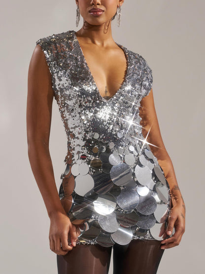Silver Sequin Deep V Mini Dress
