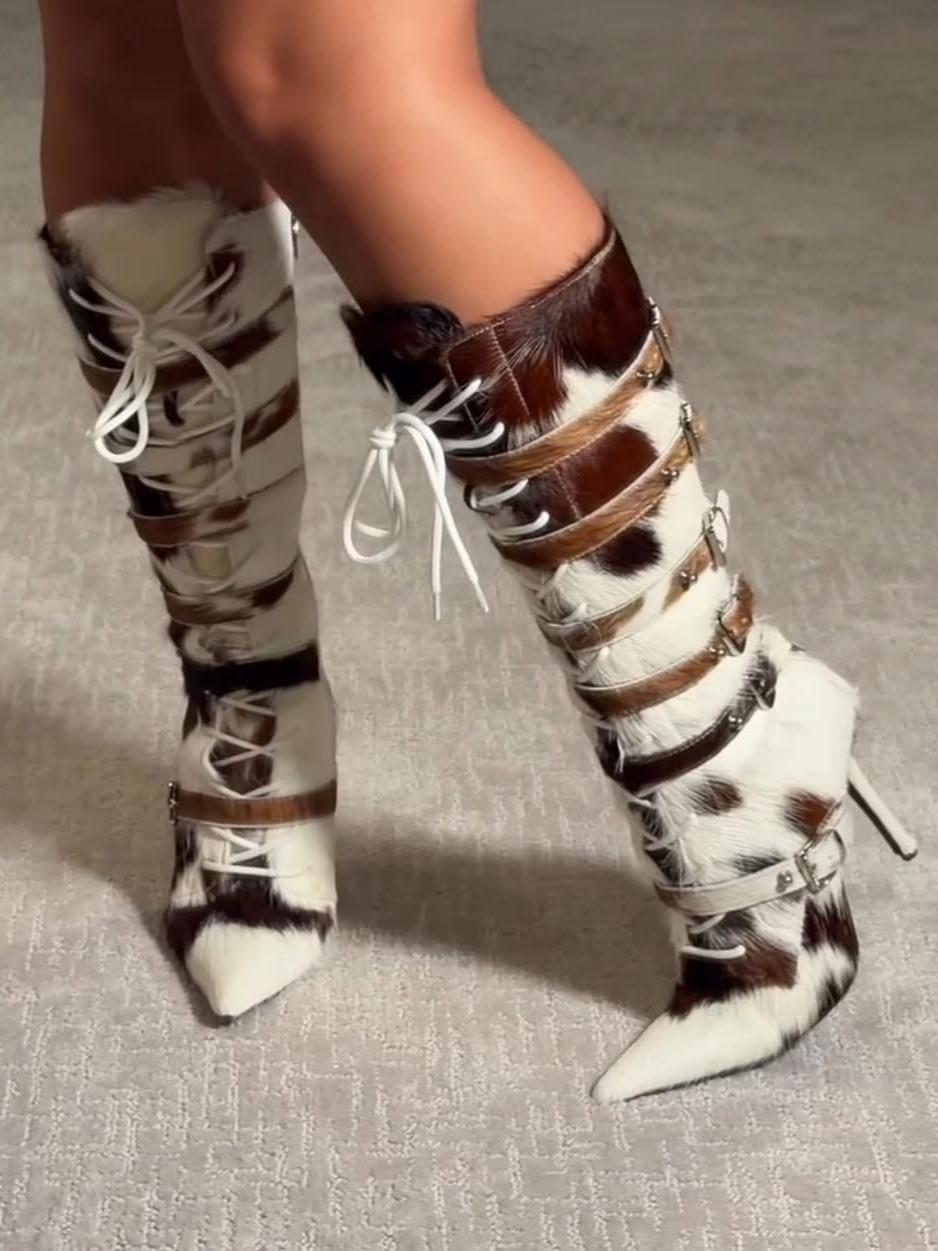 Cow Print Horsehair Knee-High Boots
