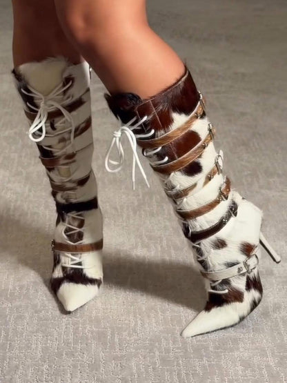 Cow Print Horsehair Knee-High Boots