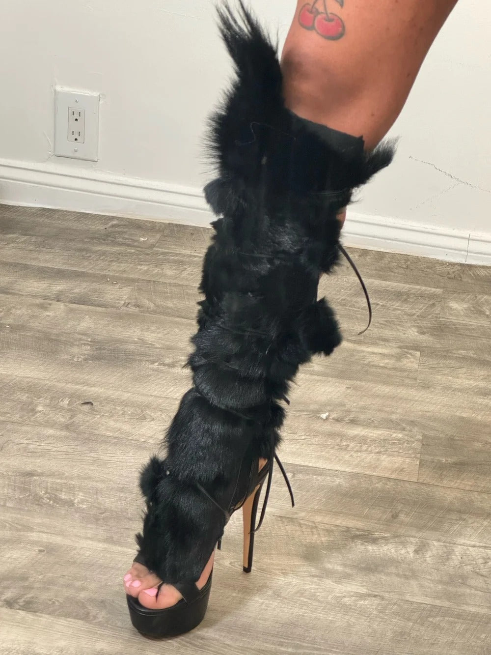 Black Fur Sandal Wrap Shoe