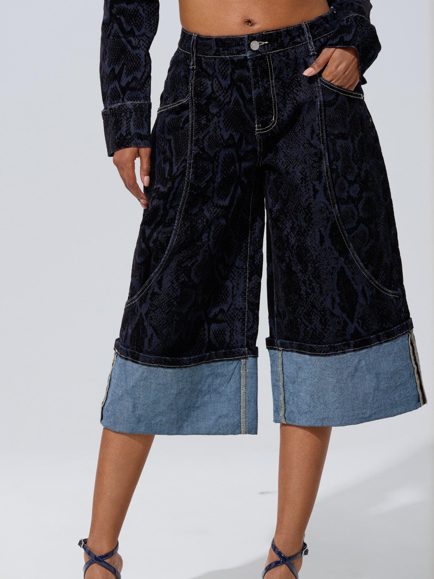 Navy Snake-Print Denim Co-ord Set