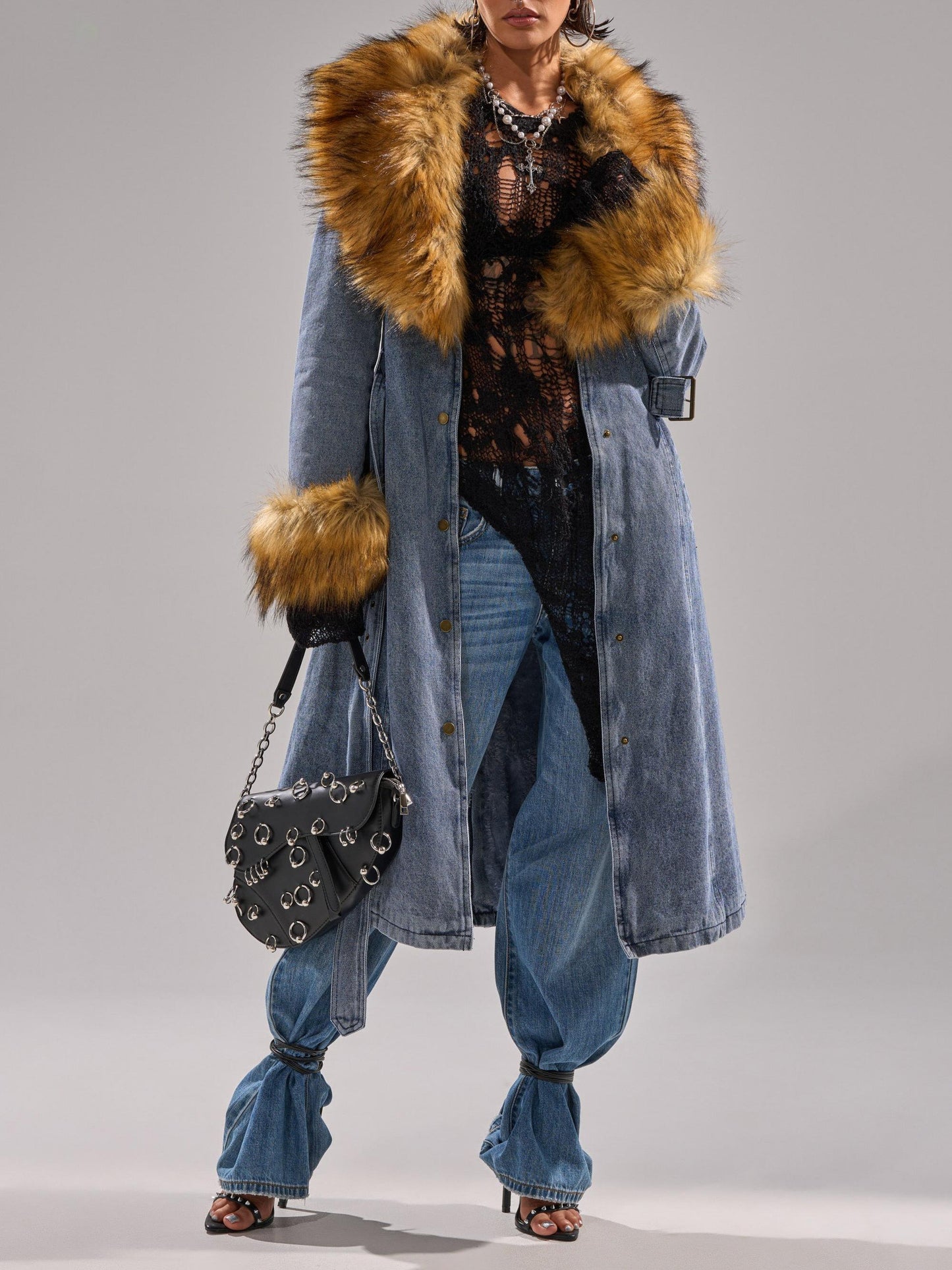 Faux Fur Trim Denim Trench Coat