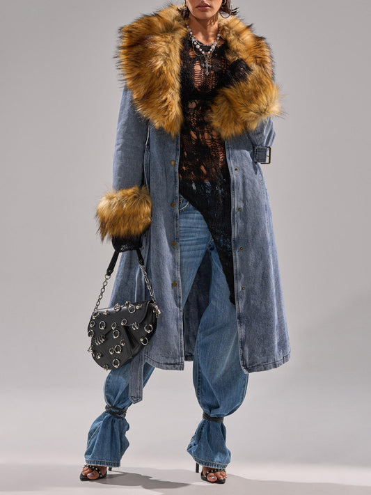 Faux Fur Trim Denim Trench Coat