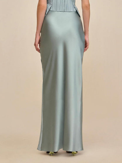 Elegant Celadon Ensemble: Sleeveless Fringe Top Paired with Flowing Satin Skirt
