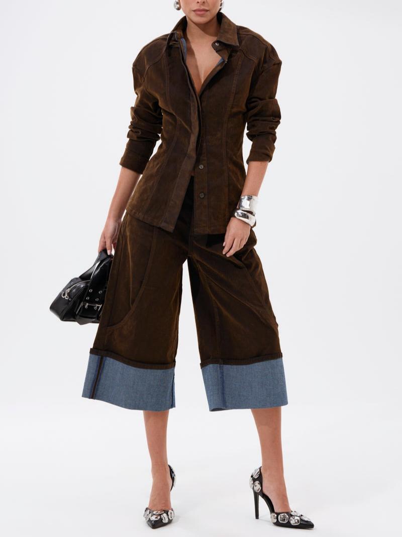 Retro Brown Velvet & Denim Patchwork Co-ord Set - Wide-Leg Cropped Pants & Tailored Jacket