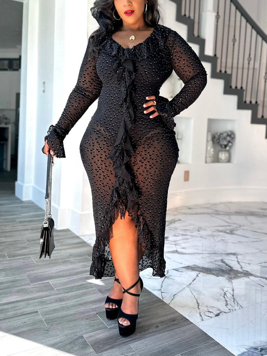 Ruffled Long Sleeve Bodycon See-Through Evening Party Gown