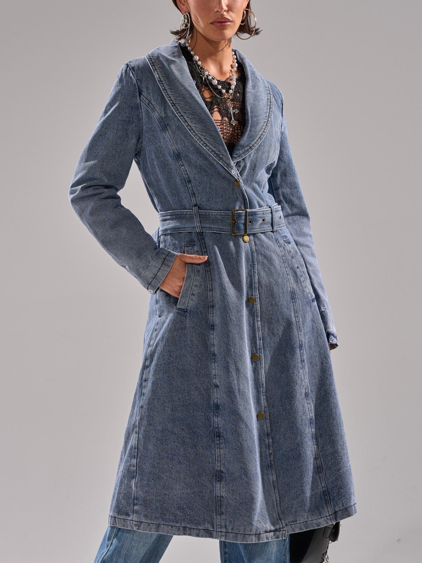 Faux Fur Trim Denim Trench Coat