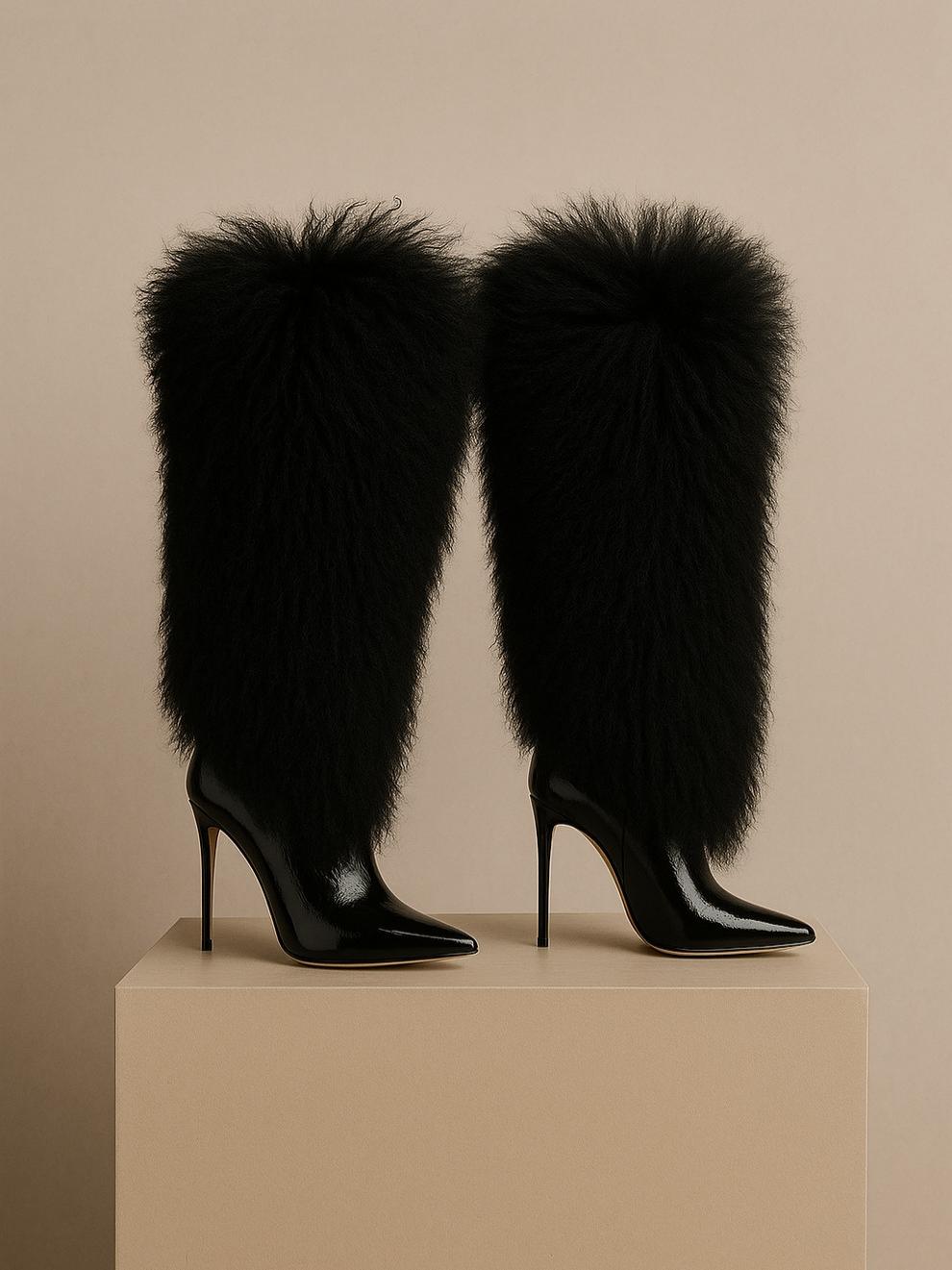 Faux Fur Over-The-Knee Patent leather Boots