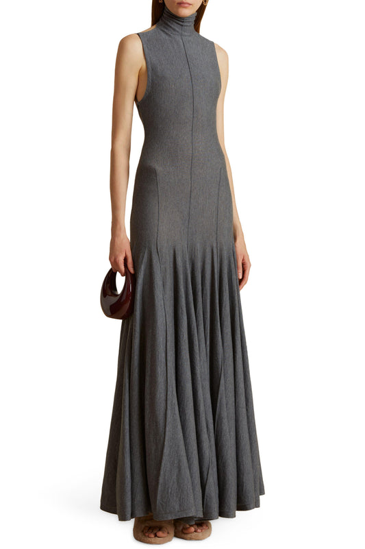Heather Gray Mock Neck Pleated Maxi Dress