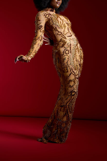 Gold Marble Beaded Embellished Maxi Gown