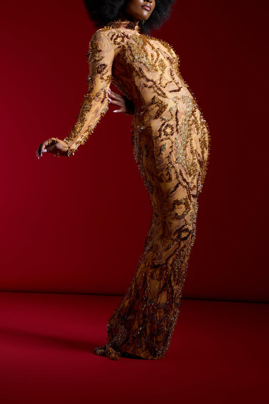 Gold Marble Beaded Embellished Maxi Gown
