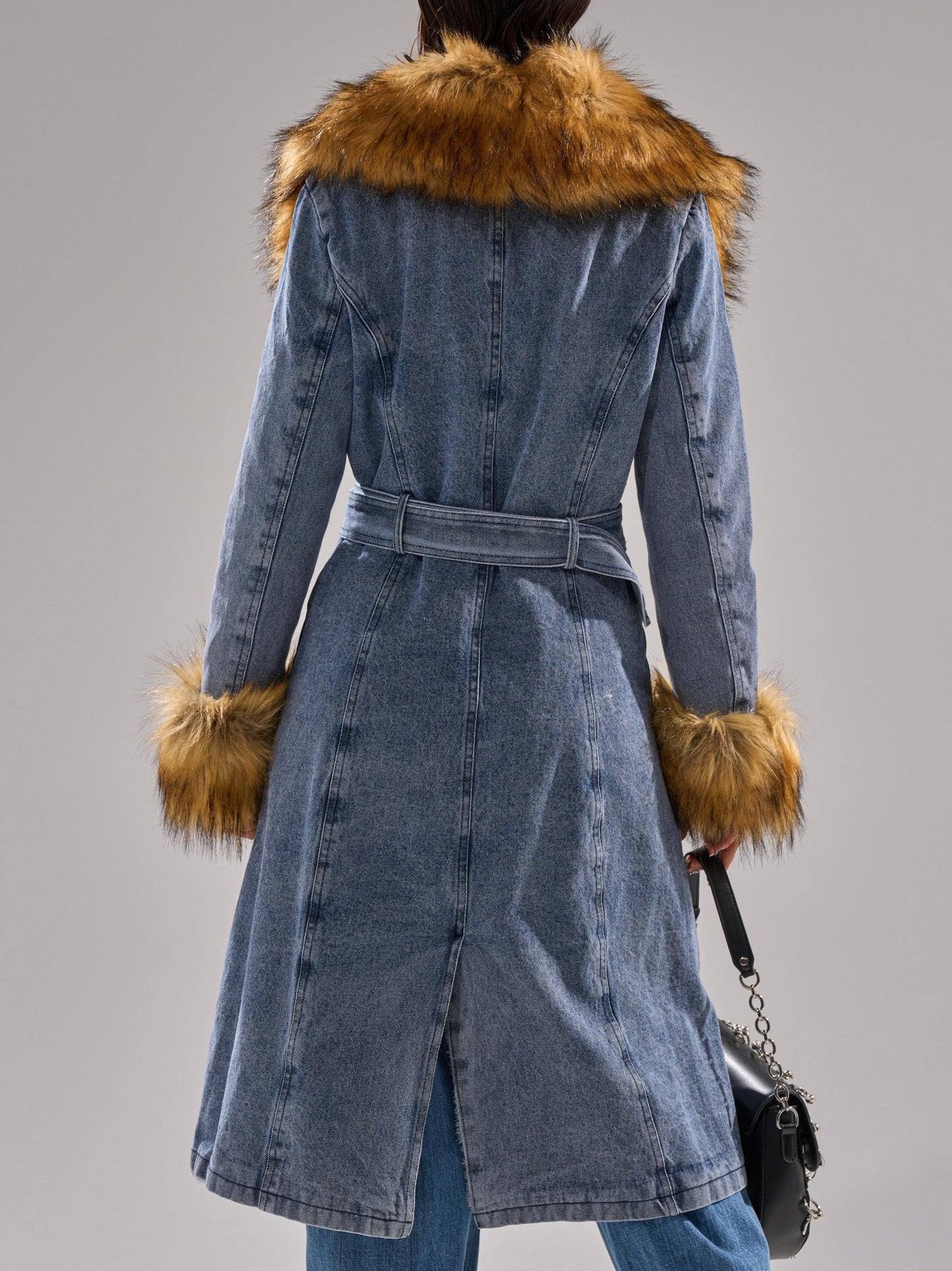 Faux Fur Trim Denim Trench Coat