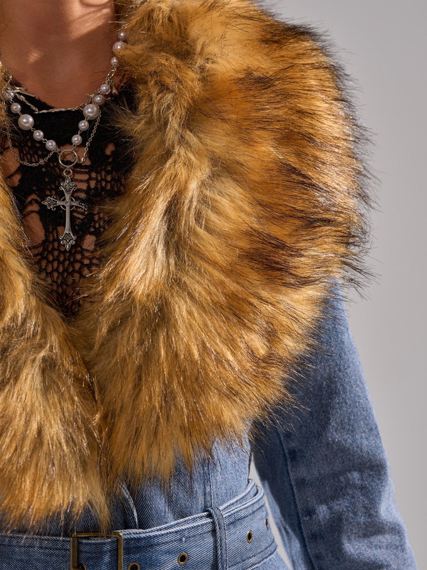 Faux Fur Trim Denim Trench Coat