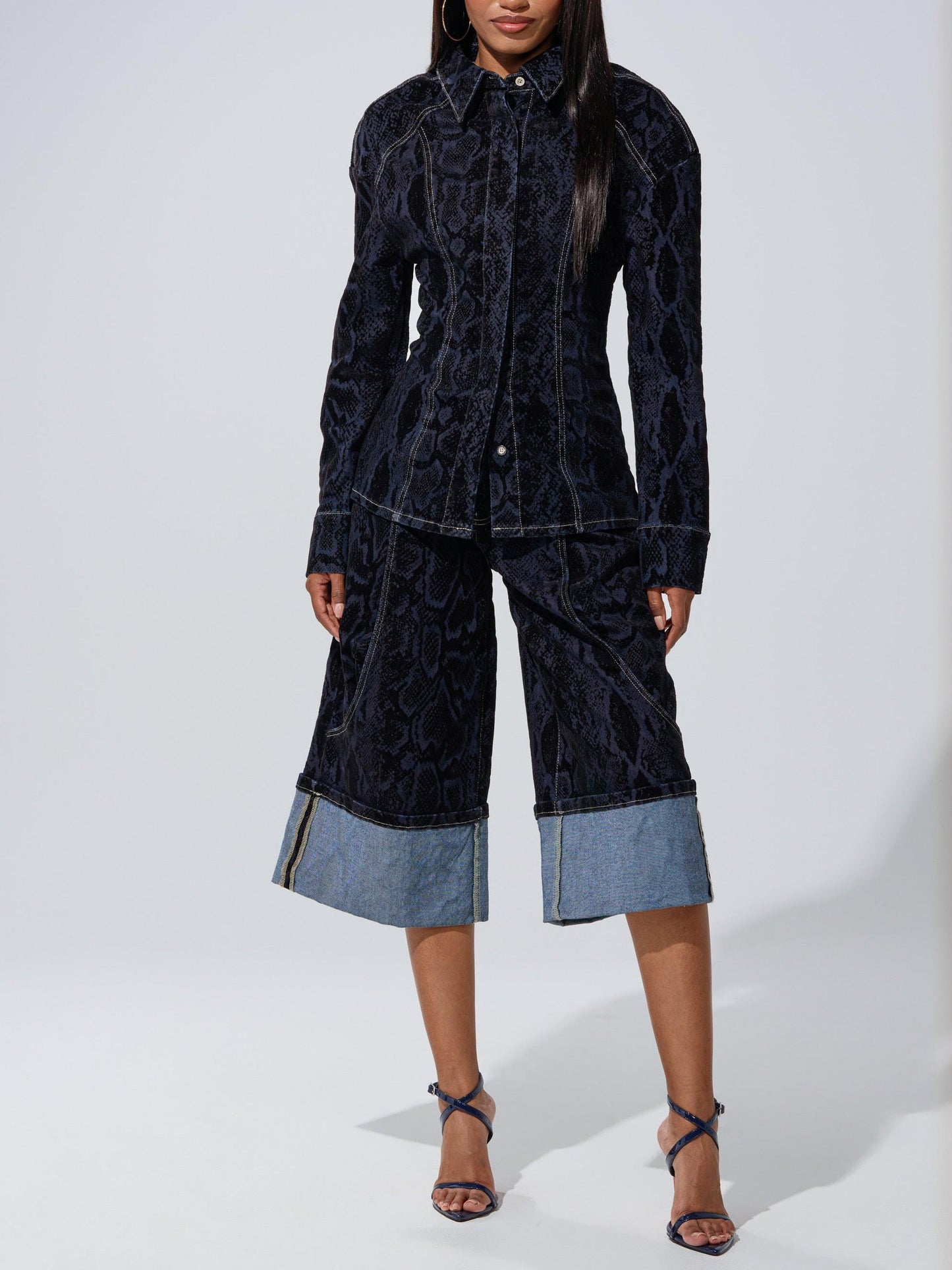 Navy Snake-Print Denim Co-ord Set