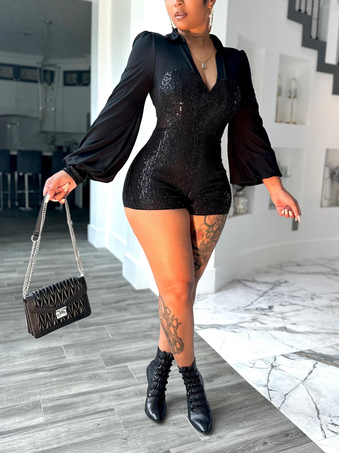 Black Sequin Blouse-Style Romper
