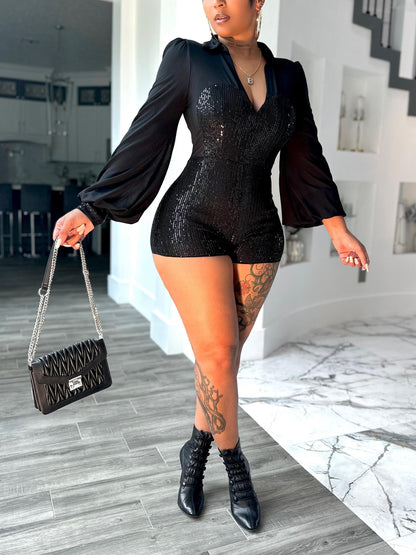 Black Sequin Blouse-Style Romper