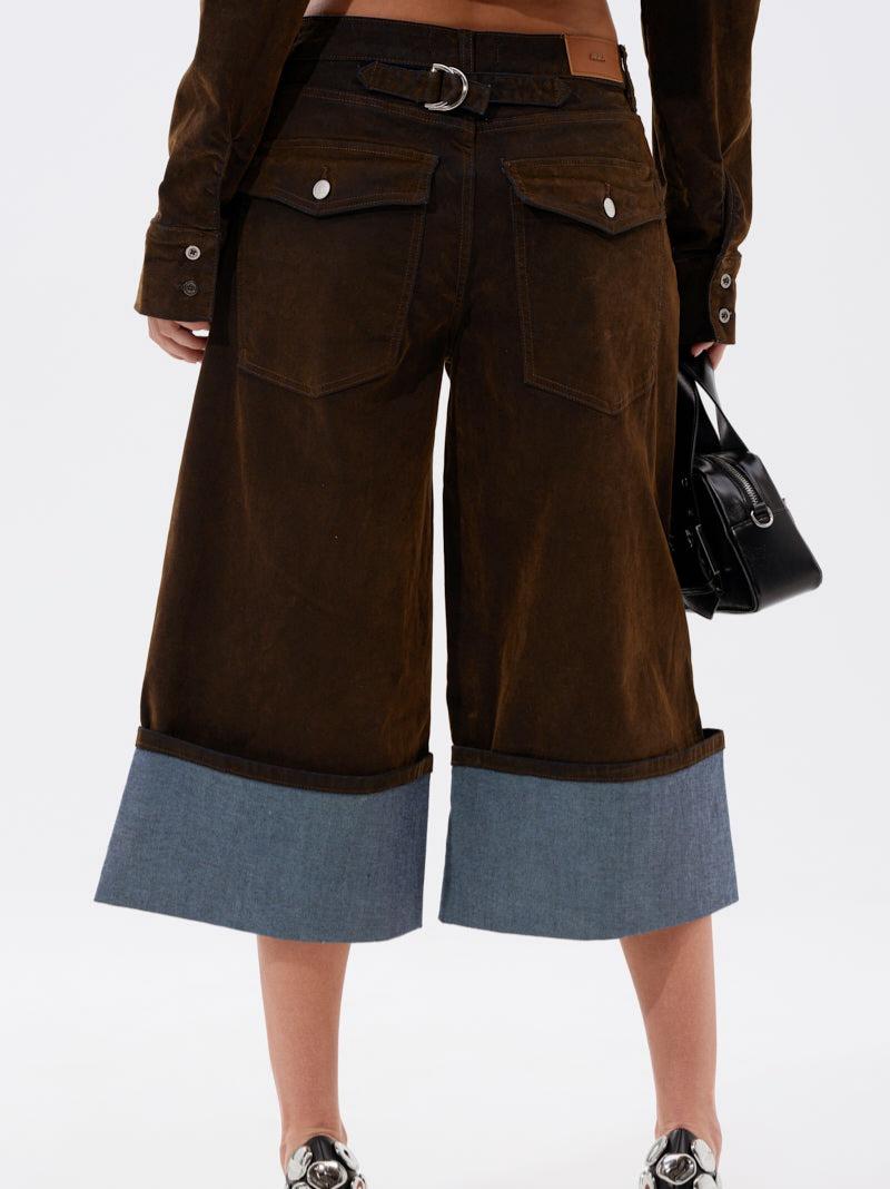Retro Brown Velvet & Denim Patchwork Co-ord Set - Wide-Leg Cropped Pants & Tailored Jacket