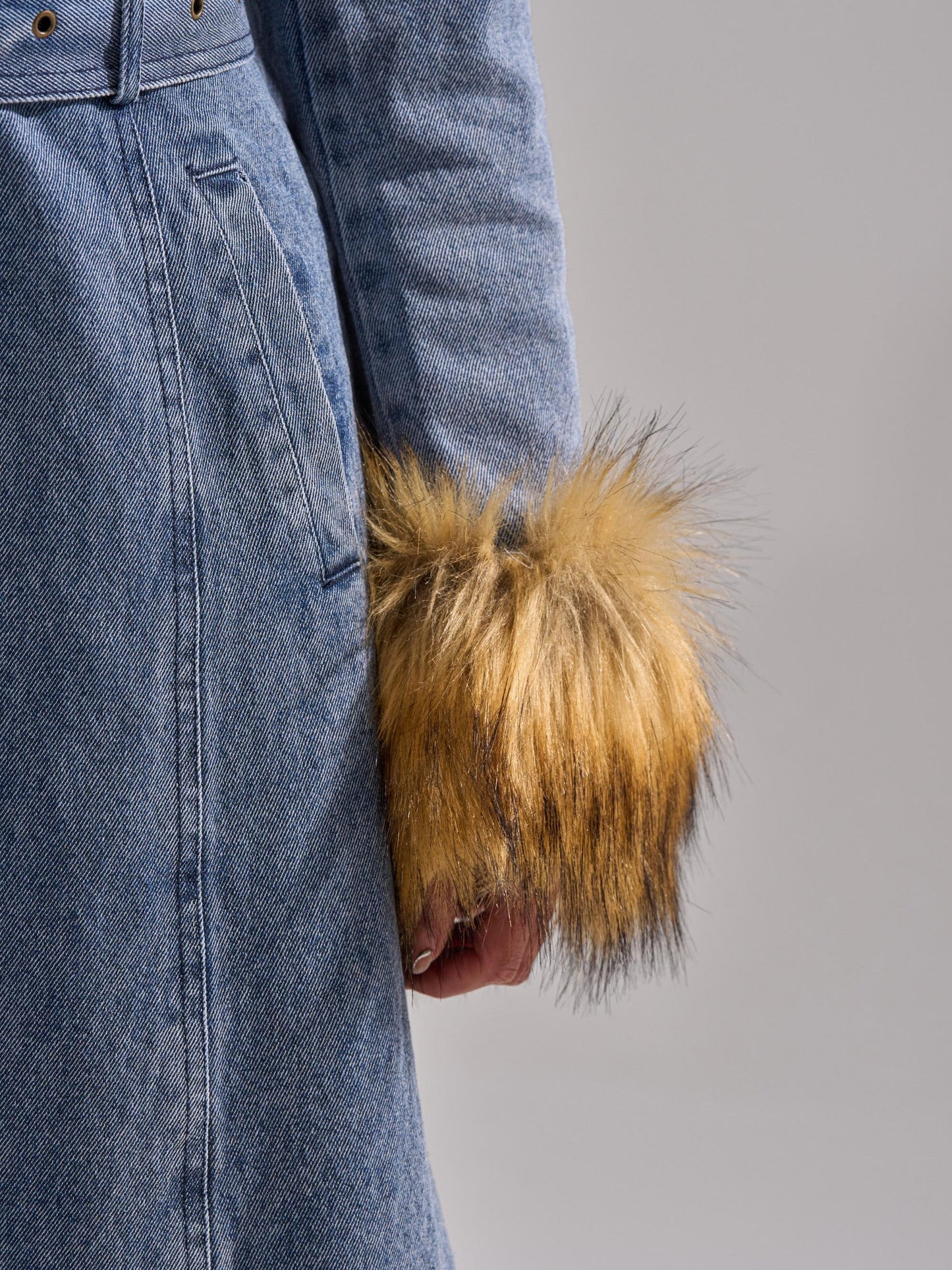 Faux Fur Trim Denim Trench Coat