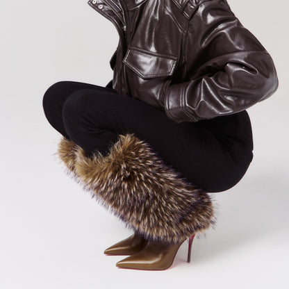 Bronze Fur-Trimmed Pointed-Toe Stiletto Knee-High Boots