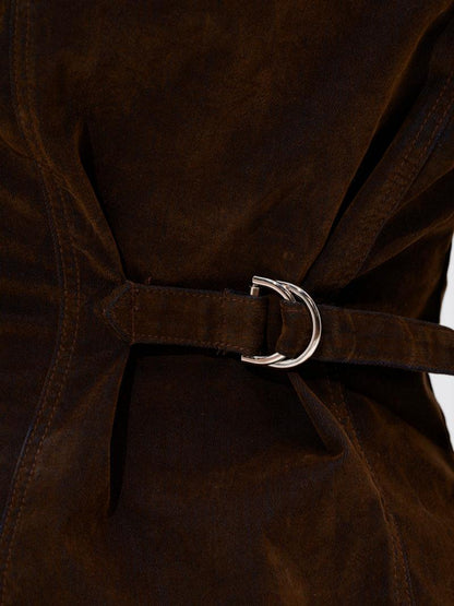 Retro Brown Velvet & Denim Patchwork Co-ord Set - Wide-Leg Cropped Pants & Tailored Jacket