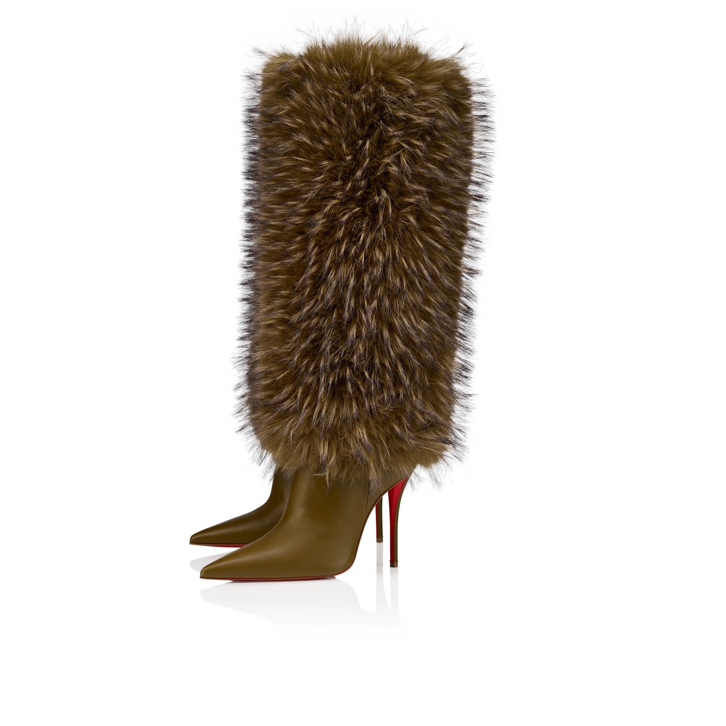 Bronze Fur-Trimmed Pointed-Toe Stiletto Knee-High Boots