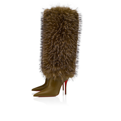 Bronze Fur-Trimmed Pointed-Toe Stiletto Knee-High Boots