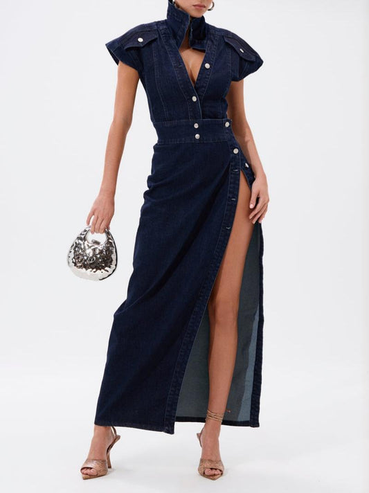Button Side Denim Maxi Dress