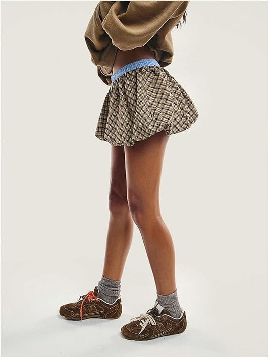 Elastic Waist Pleated Plaid Bubble Mini Skirts
