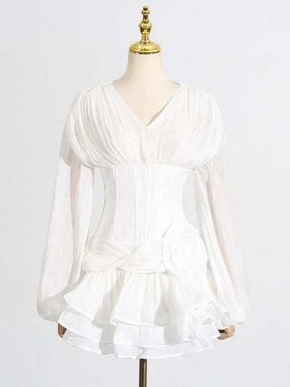 Elegant Puff Sleeves and Ruffle Details White Dress