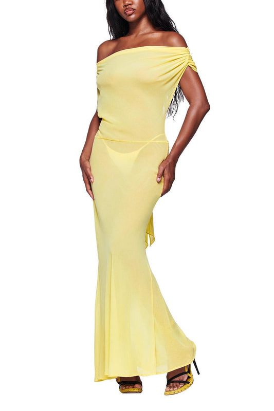 Elegant Lemon Yellow Sheer Maxi Dress