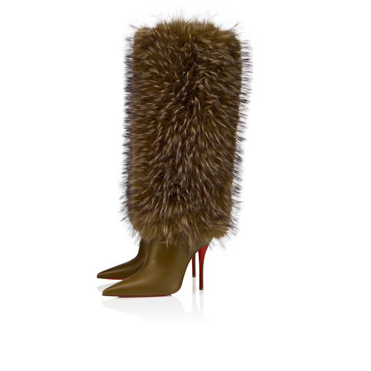 Bronze Fur-Trimmed Pointed-Toe Stiletto Knee-High Boots