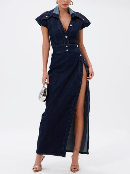 Button Side Denim Maxi Dress
