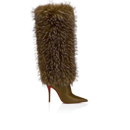 Bronze Fur-Trimmed Pointed-Toe Stiletto Knee-High Boots