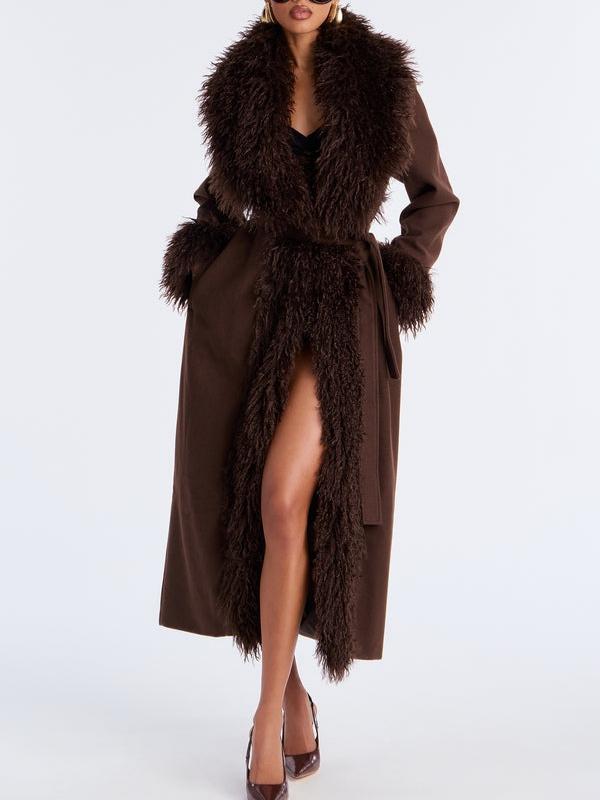 Chocolate Faux Fur Trim Brown Long Coat