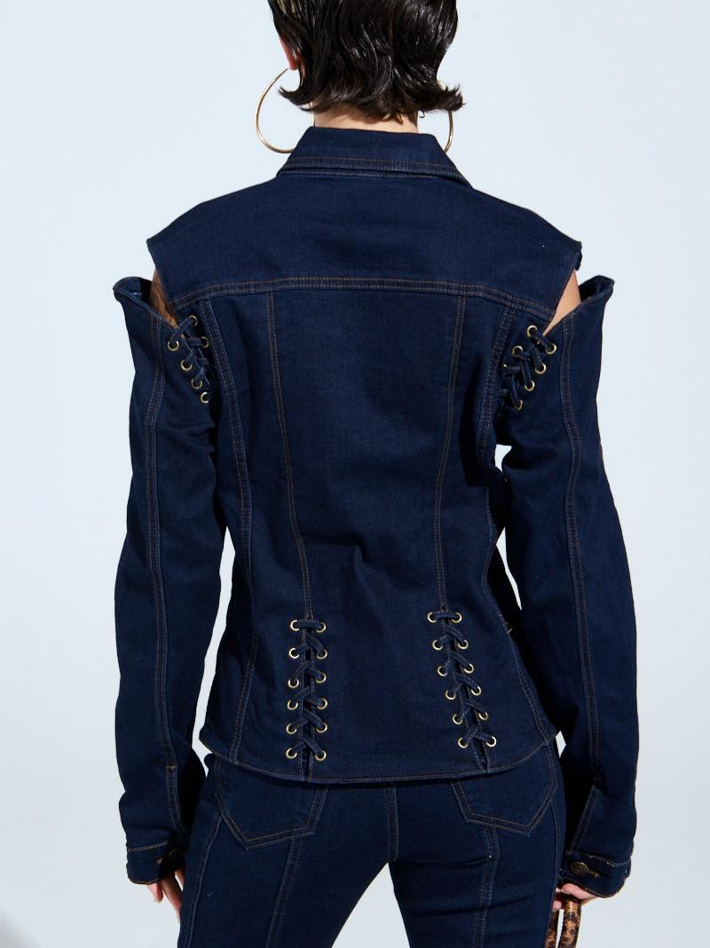 Dark Blue Denim Lace-Up Jacket & Flared Pants Set