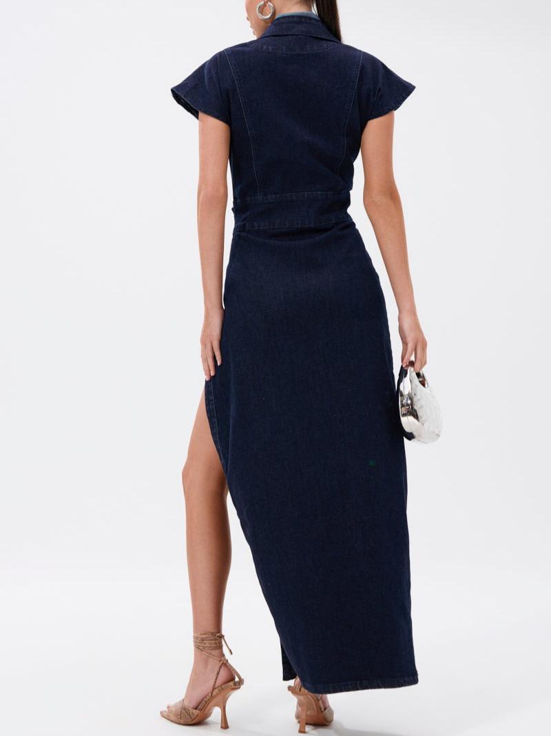 Button Side Denim Maxi Dress