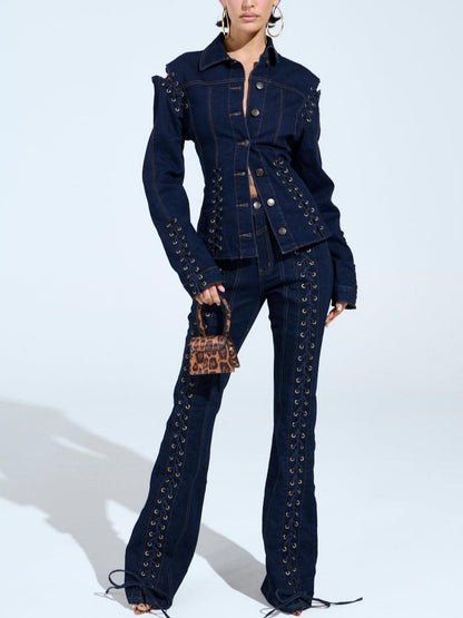 Dark Blue Denim Lace-Up Jacket & Flared Pants Set
